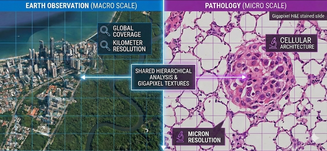 Pathology and Earth Observation: The Convergence and Divergence of Vision Foundation Models