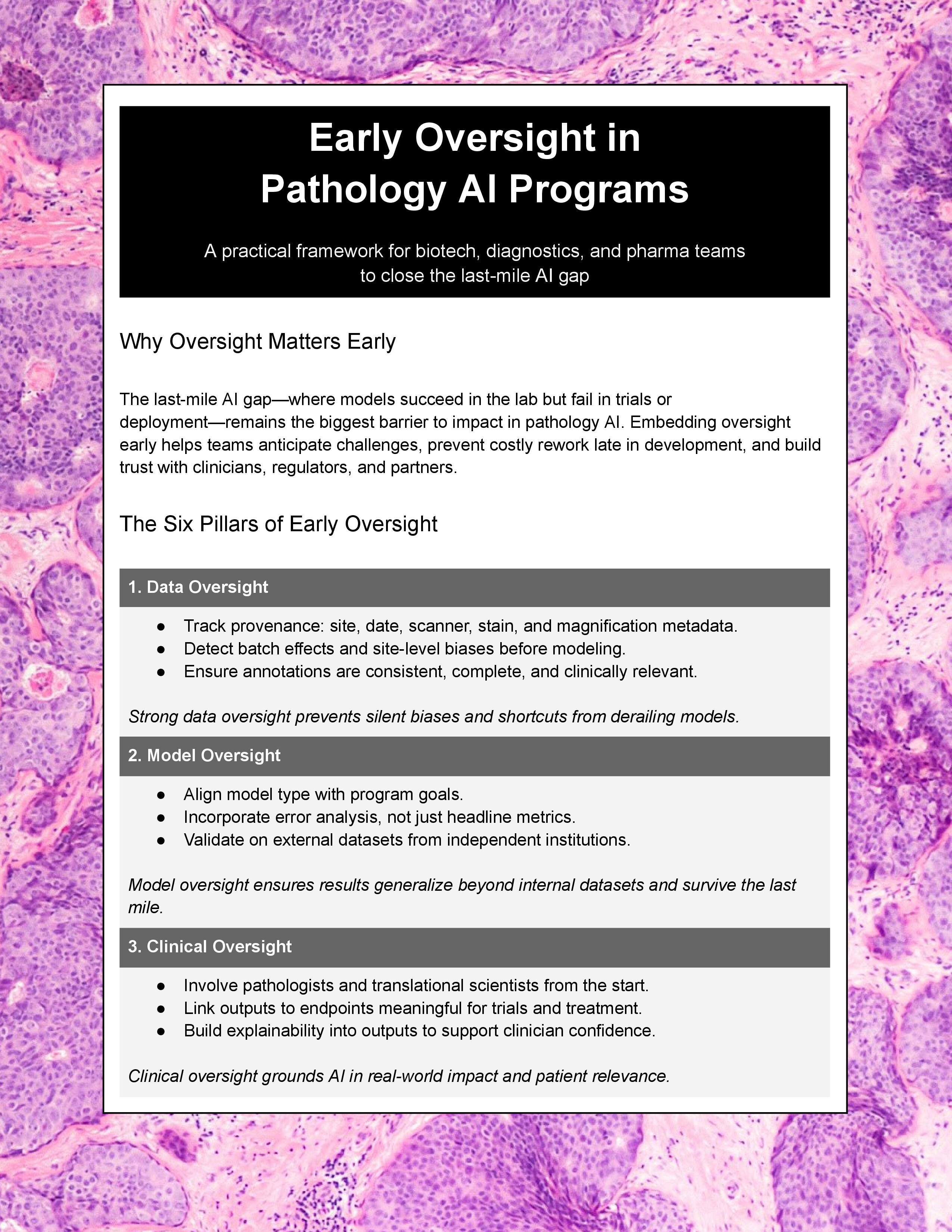 Early Oversight in Pathology AI Programs